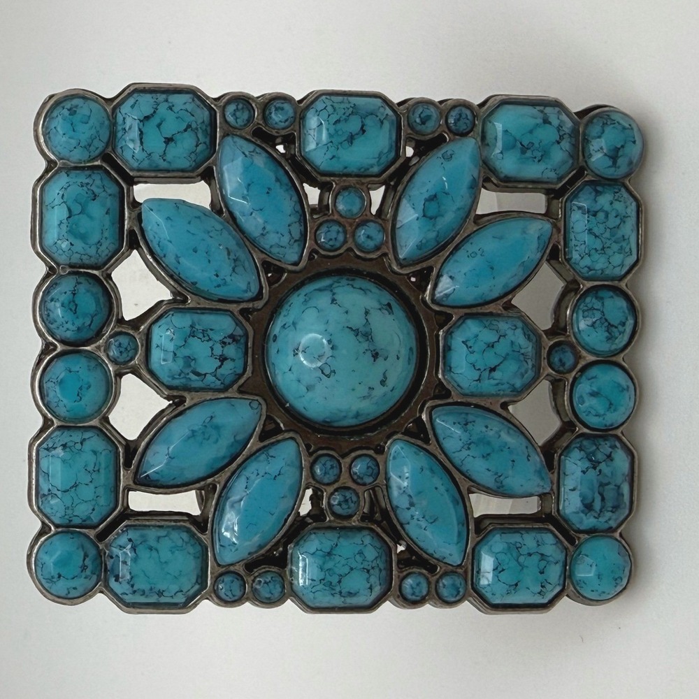 Southwestern Faux Turquoise Floral Mosaic Rectangular Belt Buckle Silver Tone